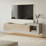 Wall-mounted TV cabinet Flato sonoma-gray beige marble look 150x29.5x38.5cm
