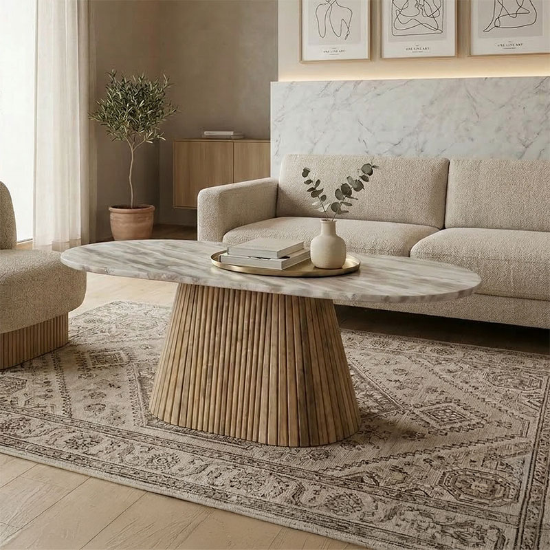 379-000047 Aithra coffee table, solid mango wood in a natural shade with marble top 120x60x45cm. - Image 1