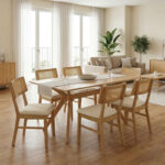 Raffles dining set 7pcs rubberwood with pe rattan in natural color 150x90x76cm