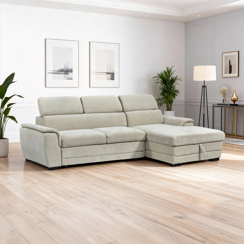 389-000009 Dreamora left corner corner sofa bed with storage space beige fabric 270x167x82cm - Image 1