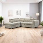 Corner sofa bed right corner Nuvora with storage space beige fabric 244x225x79cm