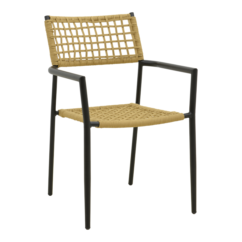 404-000012 Castal stackable armchair, steel in black -pe rope in natural shade 53x59x84cm - Image 1