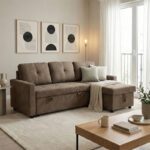 Corner reversible sofa bed Napora with storage space in grey beige fabric 214x83/138x90cm