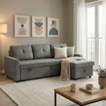 Corner reversible sofa bed Napora with storage space grey fabric 214x83/138x90cm