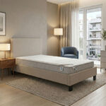 Bed with mattress Nevil-Perfecto beige fabric with black leg 90x190cm