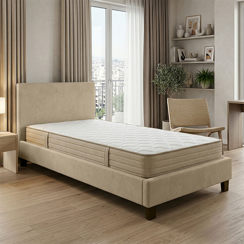 200-001669 Bed with mattress Nevil-Nemesis beige fabric with black leg 90x190cm - Image 1