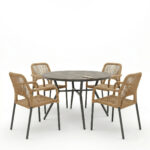 Dining table Appa-Norture set of 5 pieces anthracite aluminum and rattan in natural shade D120x74cm - Image 2