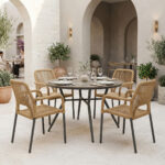 Dining table Appa-Norture set of 5 pieces anthracite aluminum and rattan in natural shade D120x74cm