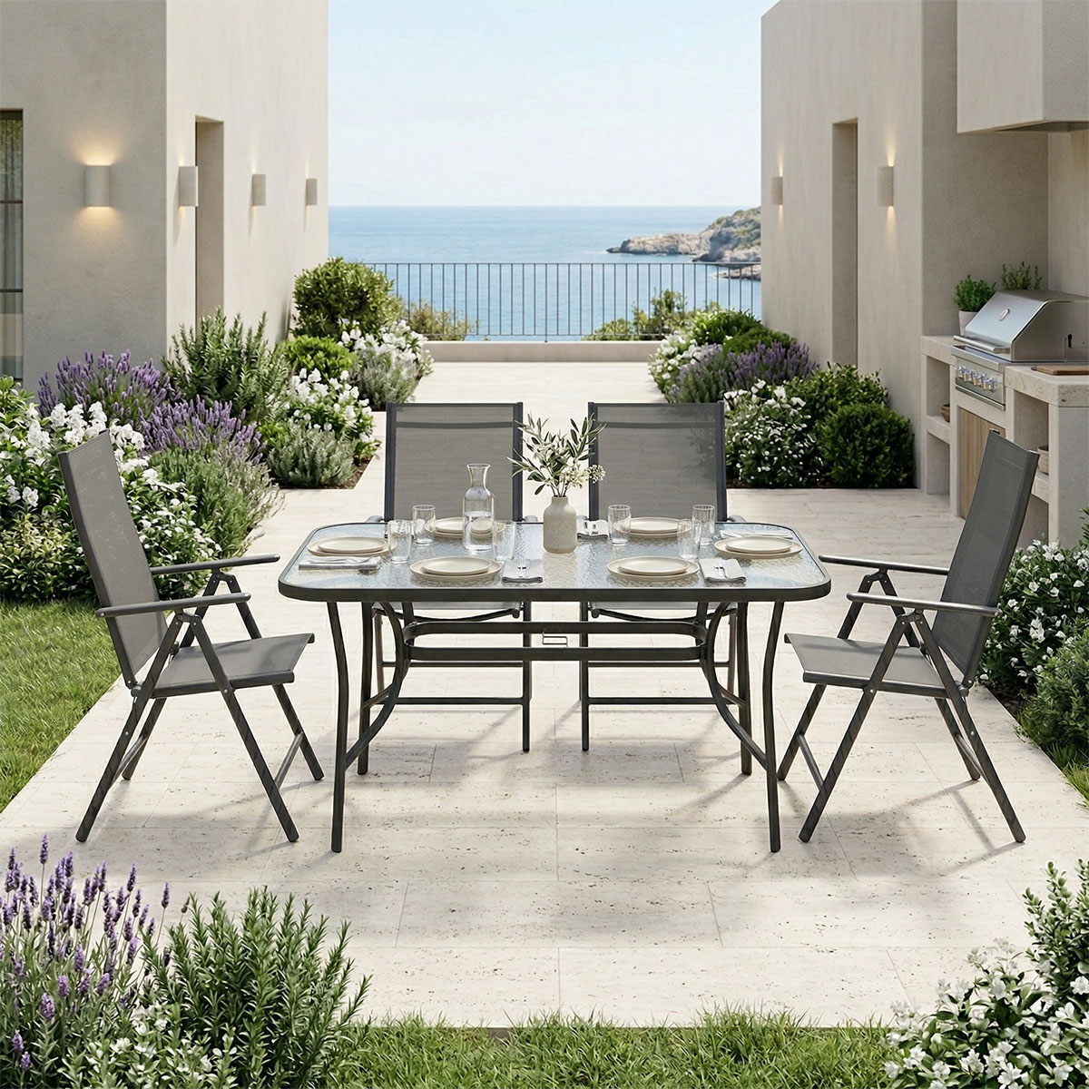 200-001674 Dining table Ensure Candor set of 5 pieces anthracite metal with glass 120x70x70cm - Image 1