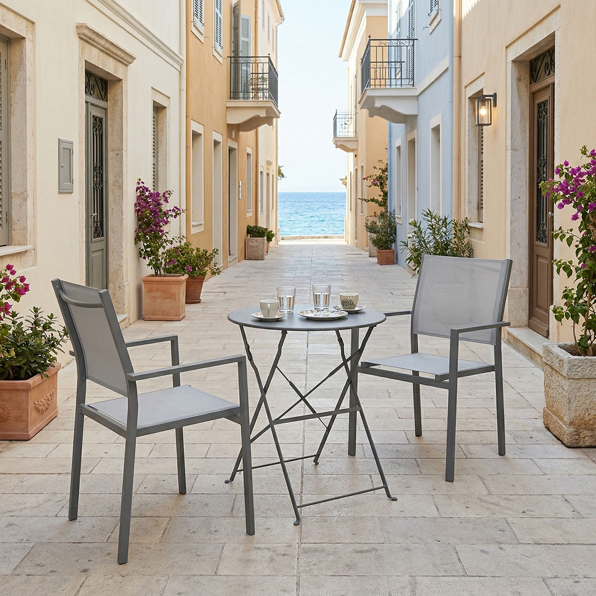 200-001675 Bistro Confidence dining 3-piece set anthracite metal frame with gray textilene D60×71 cm - Image 1