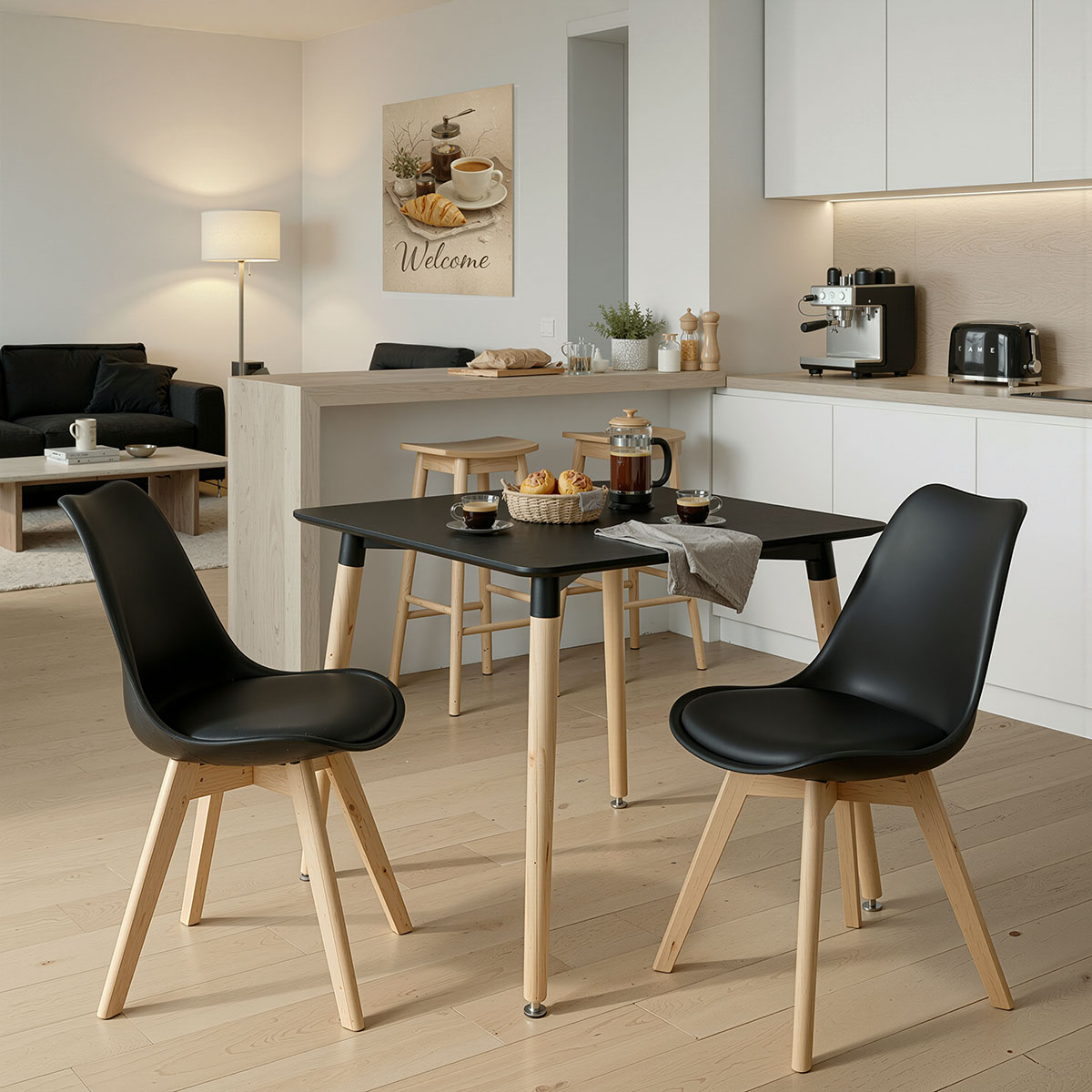 200-001677 Dining Room with Gaston Chairs and Natali Table black 80x80x76cm Set of 3pcs - Image 1