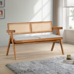 Winslow rubberwood 2-seater sofa in light walnut color-light grey fabric 130x60x77.5cm - Image 2