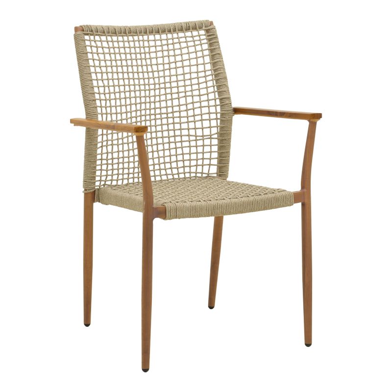 404-000003 Solana armchair stackable- teak wood- aluminum in brown-pe rope in natural shade 56x57x95cm - Слика 1