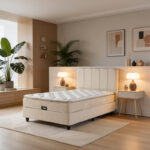 Semi-Double bed Lunda with storage space cream velvet 120x200cm