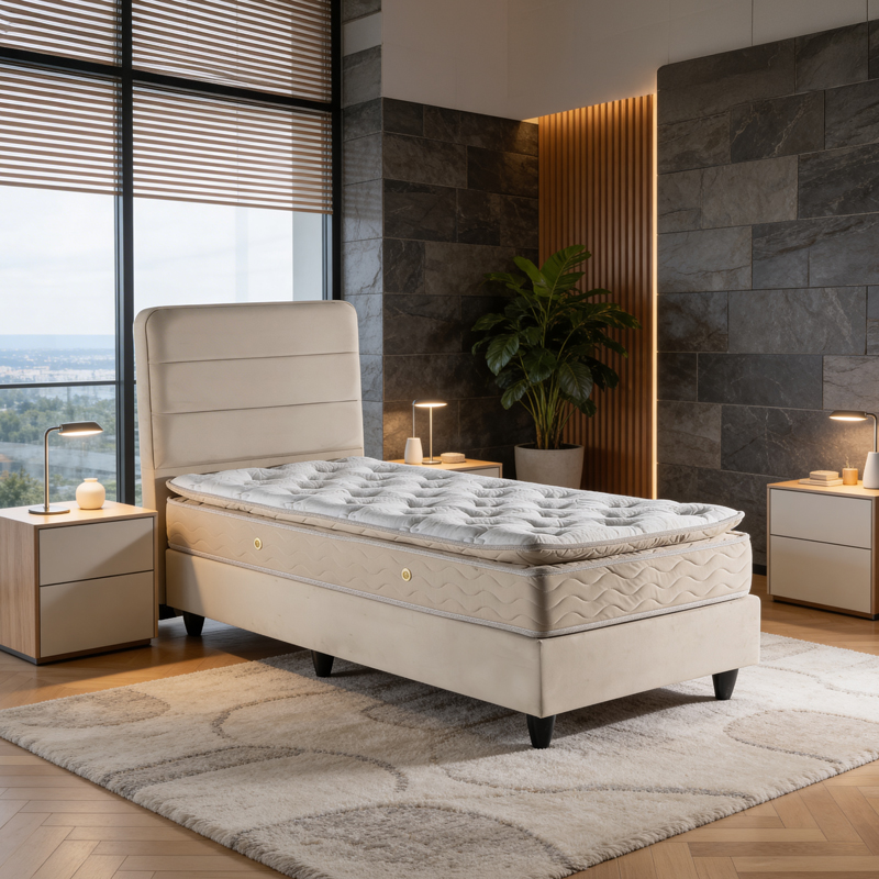 424-000024 Single bed Linteda cream velvet 90x200cm - Image 1