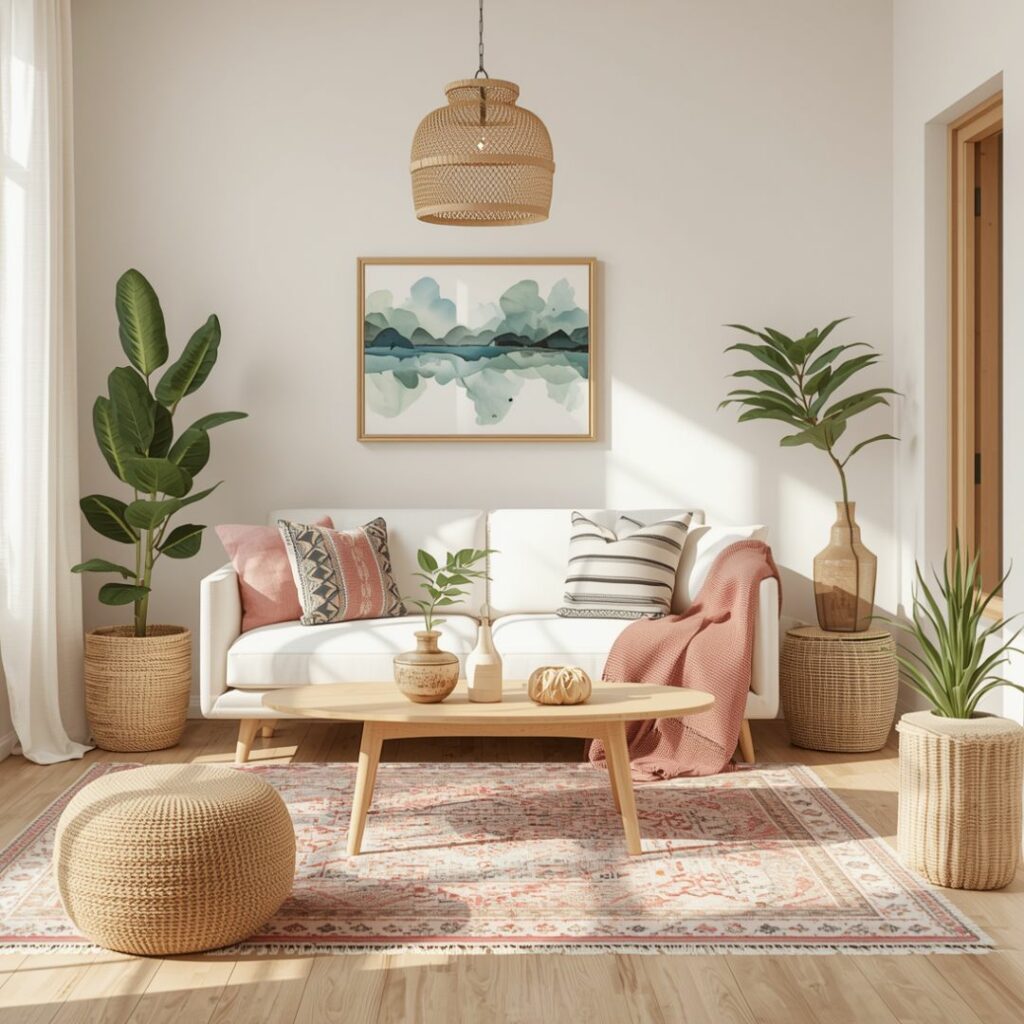 boho chic декорации и мебел со природни материјали и топол дизајн што создава опуштена атмосфера. бохо стил елементи што внесуваат уникатност и природна естетика во домот.