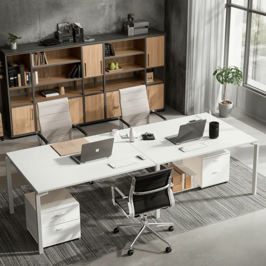 канцелариски мебел со модерен дизајн погоден за работен простор и канцеларија. бироа и столици што обезбедуваат удобност и функционалност за секојдневна работа.