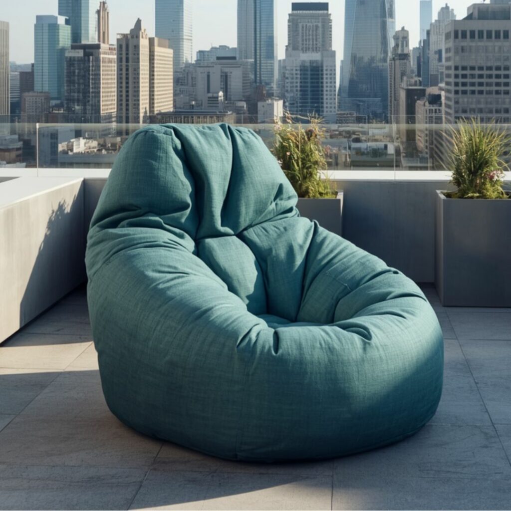 bean bag фотелја за надворешна употреба со модерен дизајн погодна за двор, тераса или плажа. удобна и лесна фотелја изработена од материјали отпорни на влага и сонце за максимална релаксација.