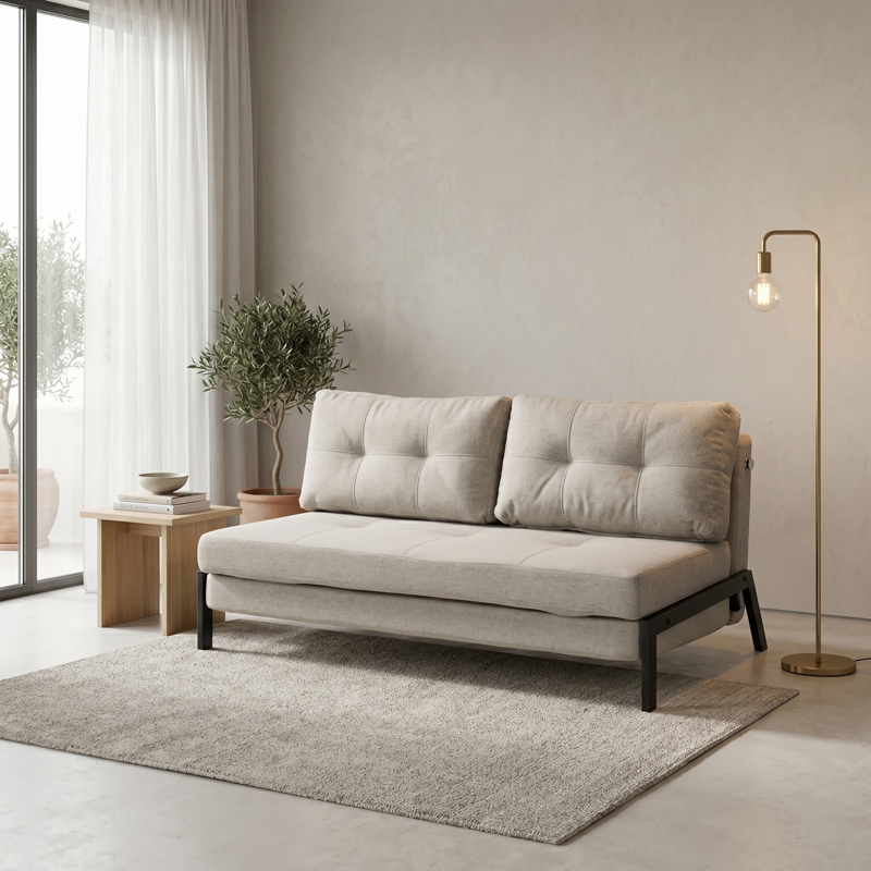 024-000061 2-seater sofa - bed Fancy fabric beige-black metal legs 150x98x70cm - Слика 1