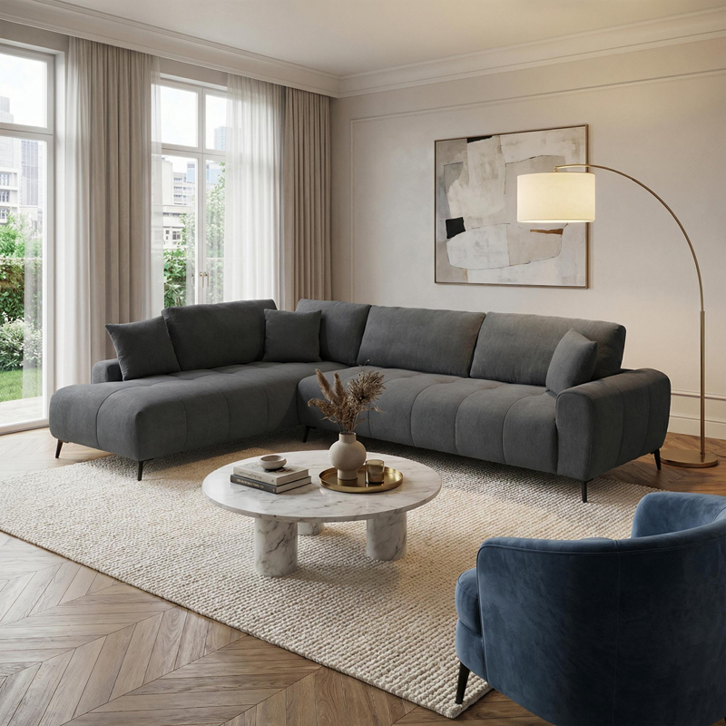 074-000076 Corner sofa Veneto right corner anthracite fabric 298x208x85cm - Image 1