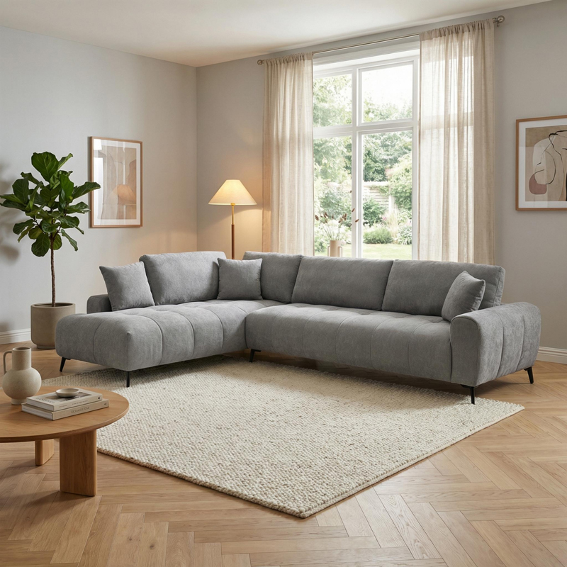 074-000079 Corner sofa Veneto right corner grey fabric 298x208x85cm - Image 1