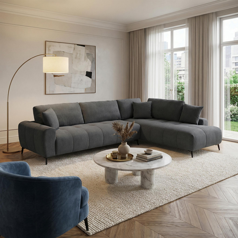 074-000080 Corner sofa Veneto left corner anthracite fabric 298x208x85cm - Image 1