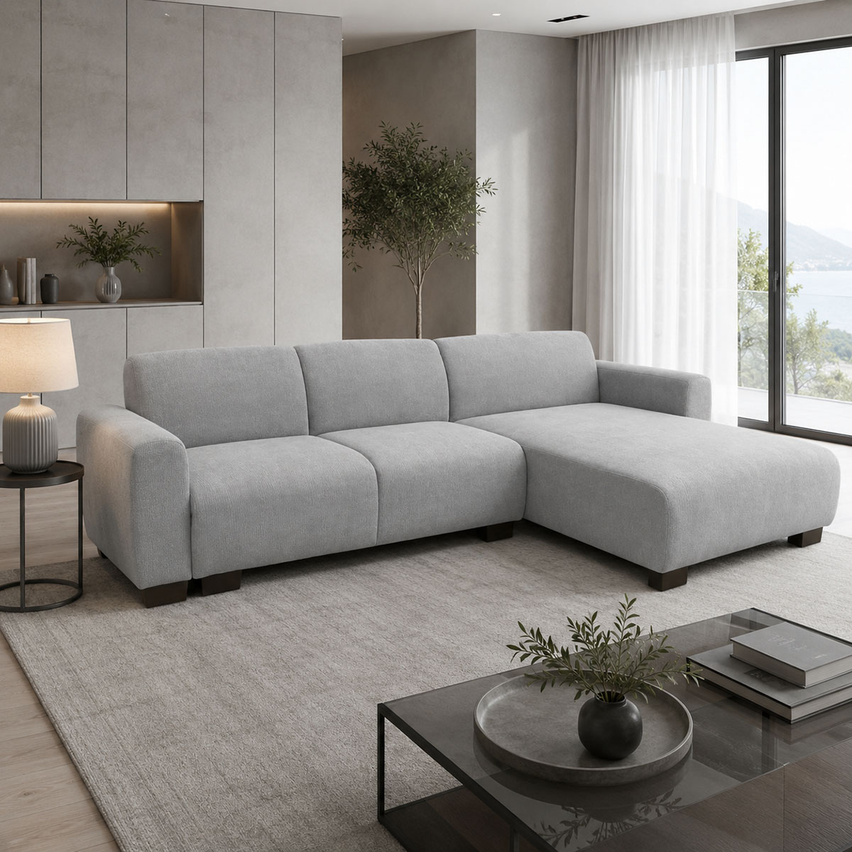074-000086 Reversible corner sofa Erros fabric in light grey color 287x161x71cm - Image 1