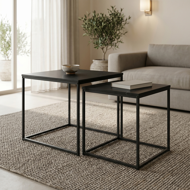 085-000036 Masuta coffee tables 2 pcs. mdf black with marble effect-black metal - Слика 1