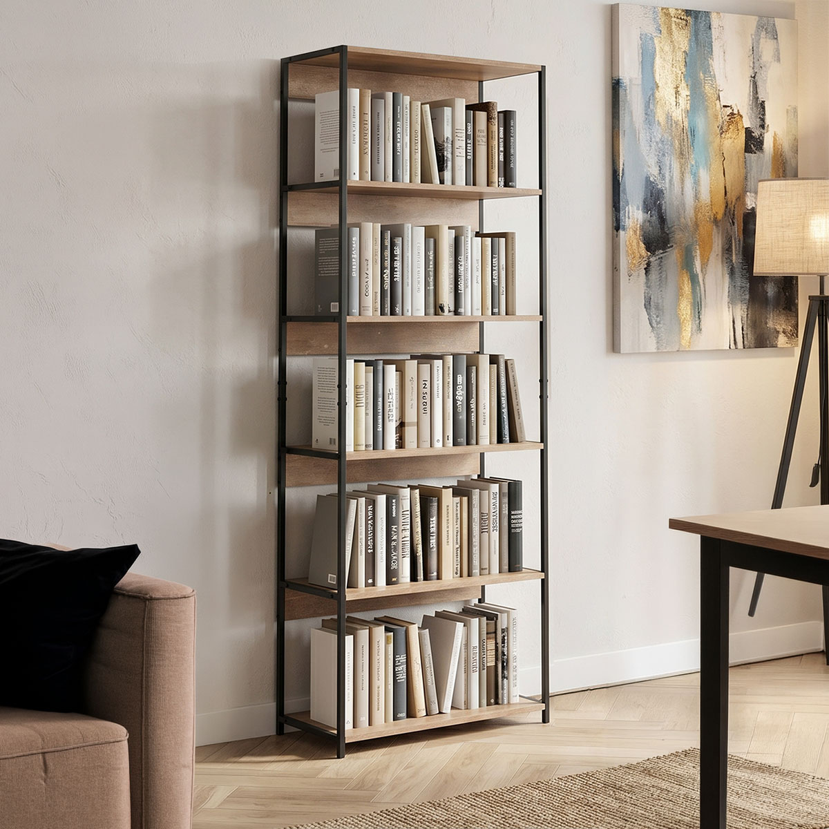 085-000040 Kaliano oak-black metal bookcase 59.5x35x176.5cm - Слика 1