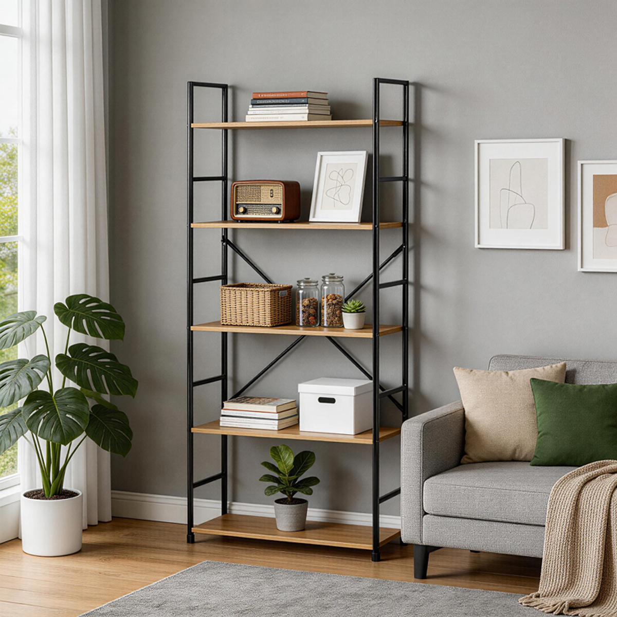 085-000041 Bookcase Manlo oak with black metal 58.6x23.5x144cm - Слика 1