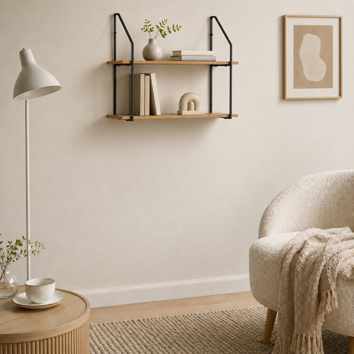 085-000044 Wall shelf Fema oak with black metal 60x20x52cm - Слика 1