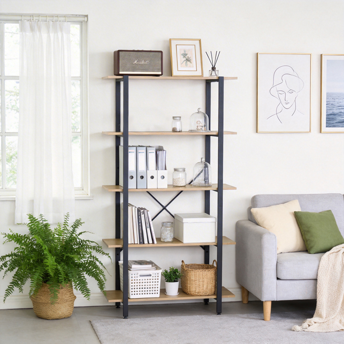 085-000046 Bookcase Nebranzo oak with black metal 80x34x155.3cm - Слика 1