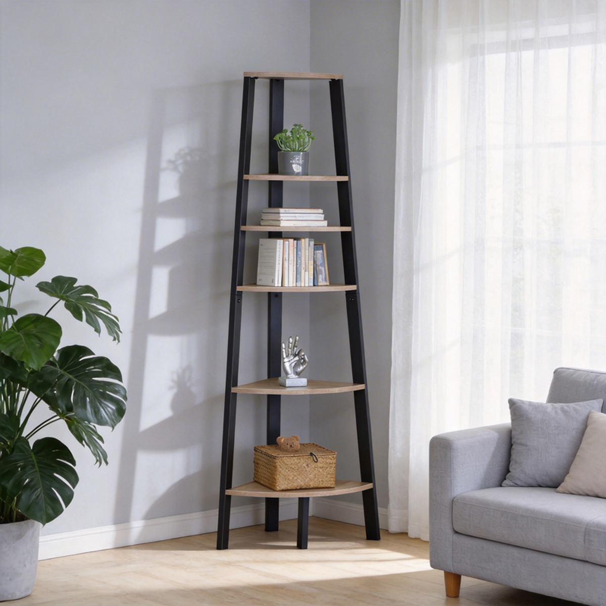 085-000048 Corner bookcase Arvia oak with black metal 53.4x37.8x160.3cm - Слика 1