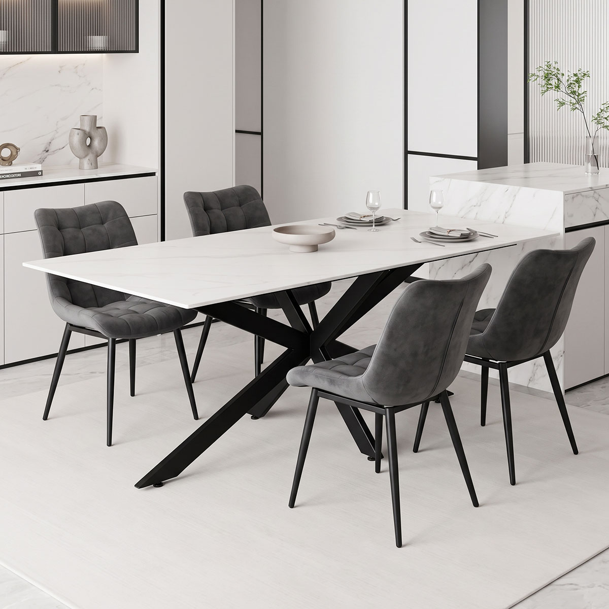 101-000128 Bethan table sintered stone white-black metal legs 180x90x75cm - Image 1