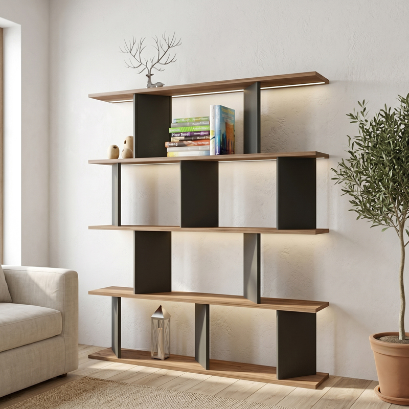 120-000677 Bookcase Ratu anthracite with oak color 120x24.6x141cm - Image 1