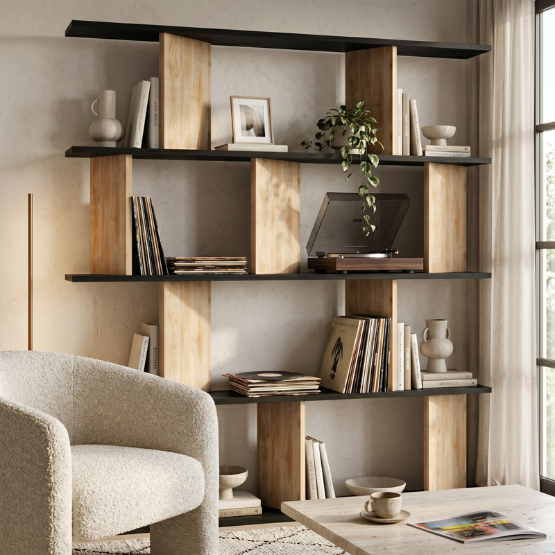 120-000678 Bookcase Ratu walnut with anthracite color 120x24.6x141cm - Image 1