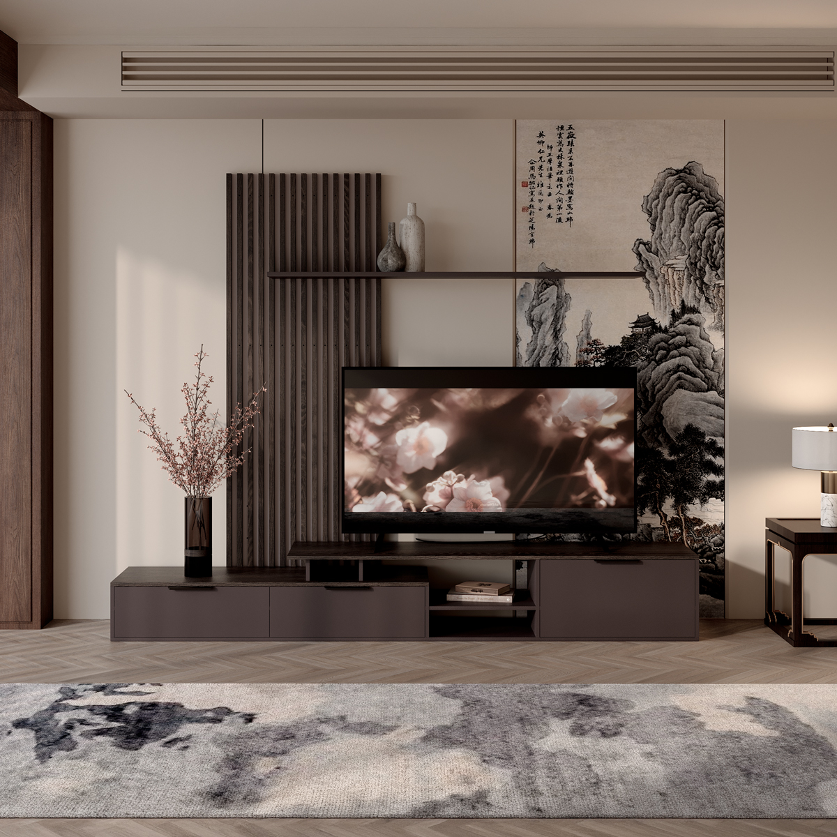 192-000068 Living room set Eviora brown with dark walnut 235x40x208.6cm - Image 1