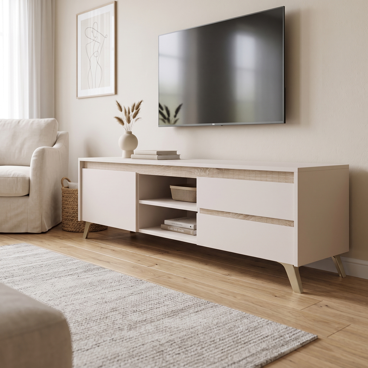 192-000070 Tv stand Belka cream with oak 155x45x53.6cm - Image 1