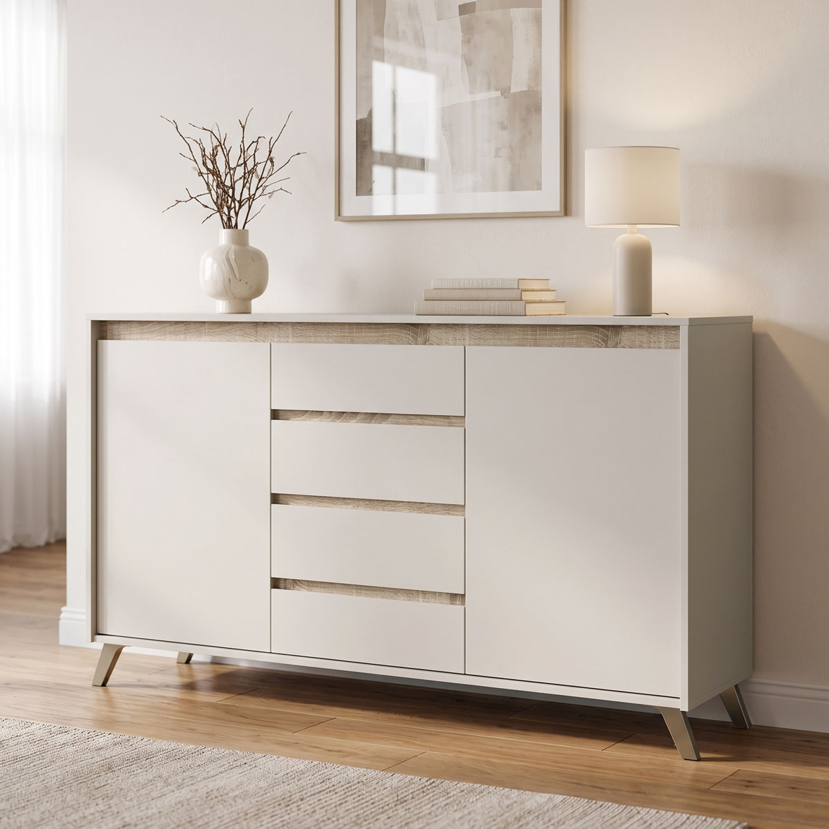 192-000071 Buffet Belka cream with oak 155x45x93.7cm - Image 1