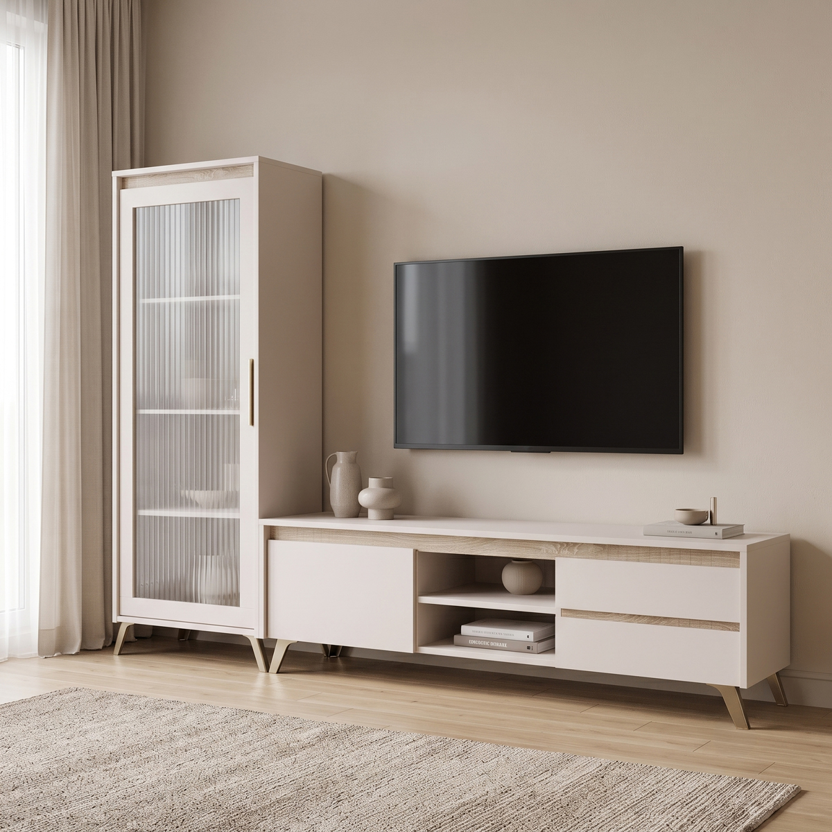 192-000075 Living room set Belka cream with oak color 210x45x152.6cm - Image 1