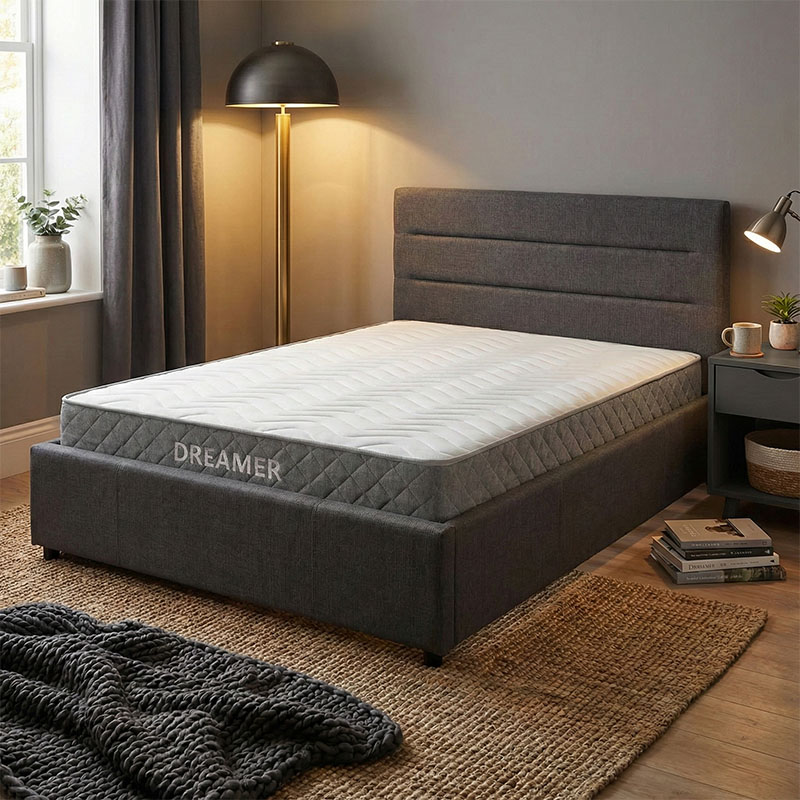 200-001475 Bed with mattress and storage space Molito-Dreamer fabric anthracite 120x200cm - Image 1