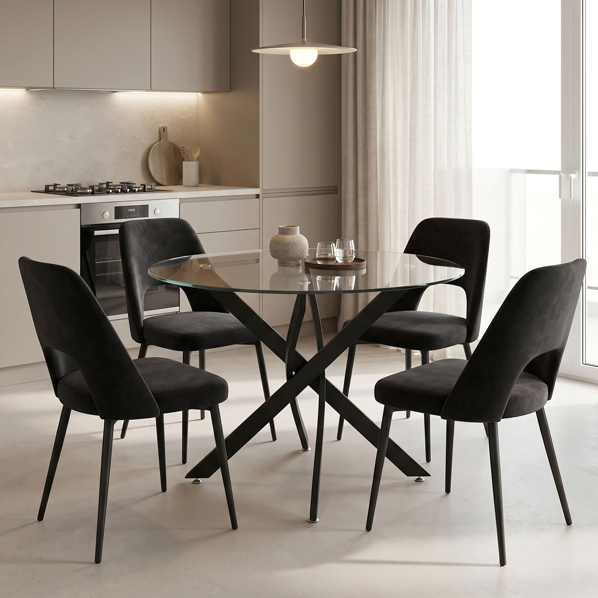 200-001541 Dining Room with Murde Black Chairs and Antoro Glass Table D100x75cm Set of 5pcs - Слика 1