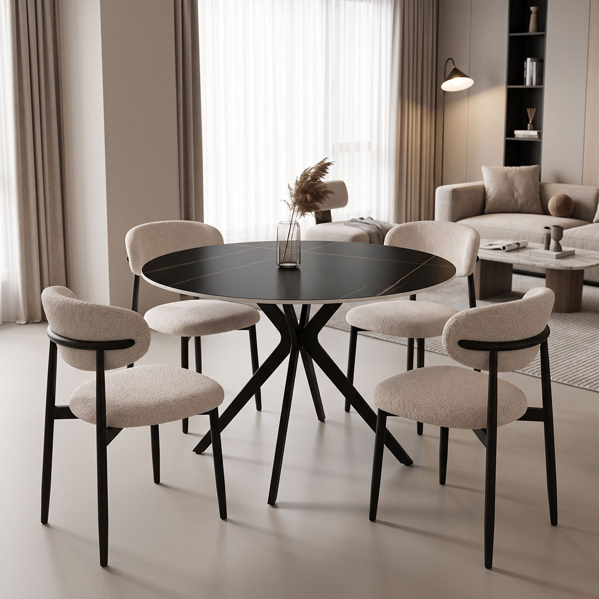 200-001556 Dining Room with Folegio Cream Chairs and Orbital Black Table D120x76cm Set of 5pcs - Image 1