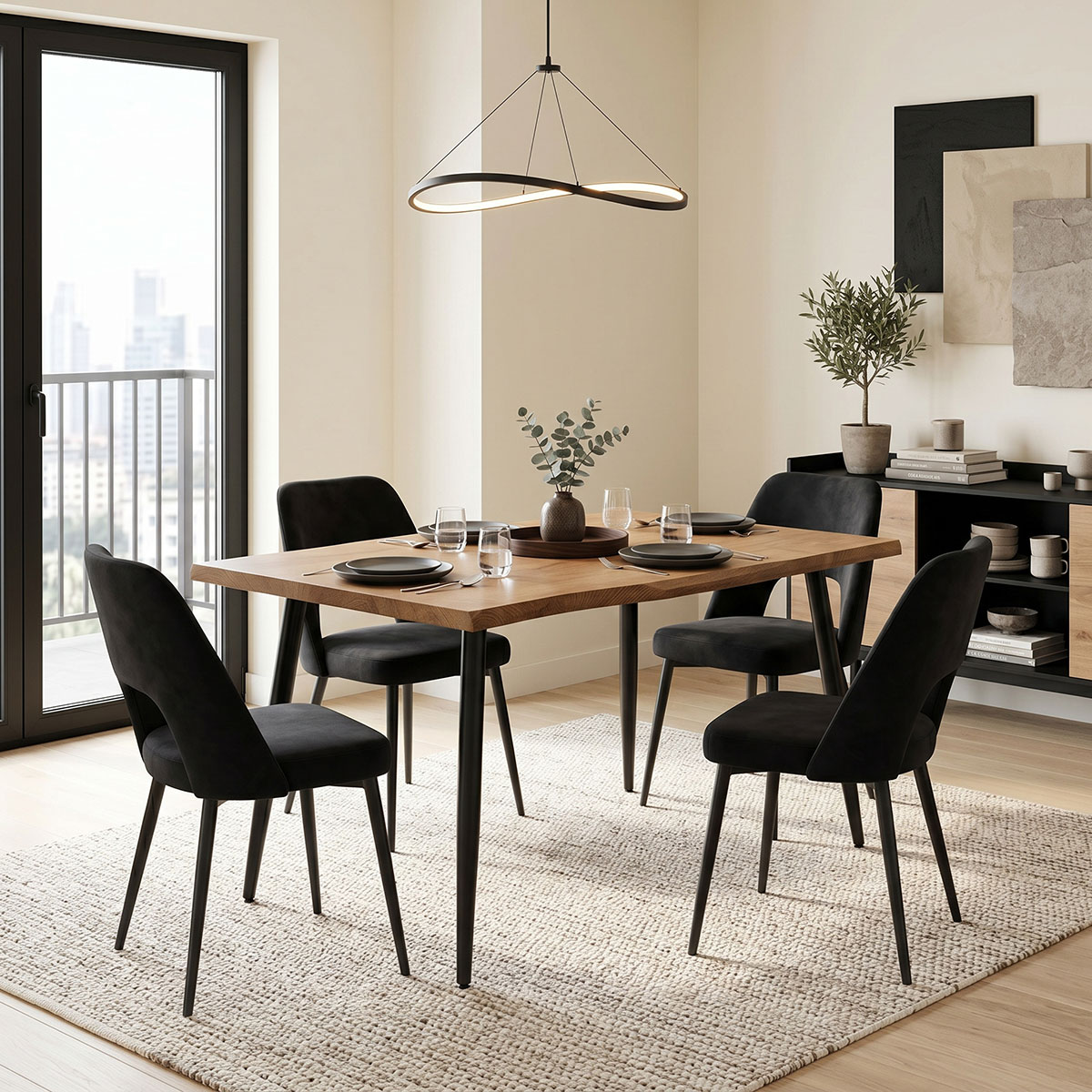 200-001559 Dining Room with Murde Chairs Black and Neve Table Black 140x80x75cm Set of 5pcs - Image 1