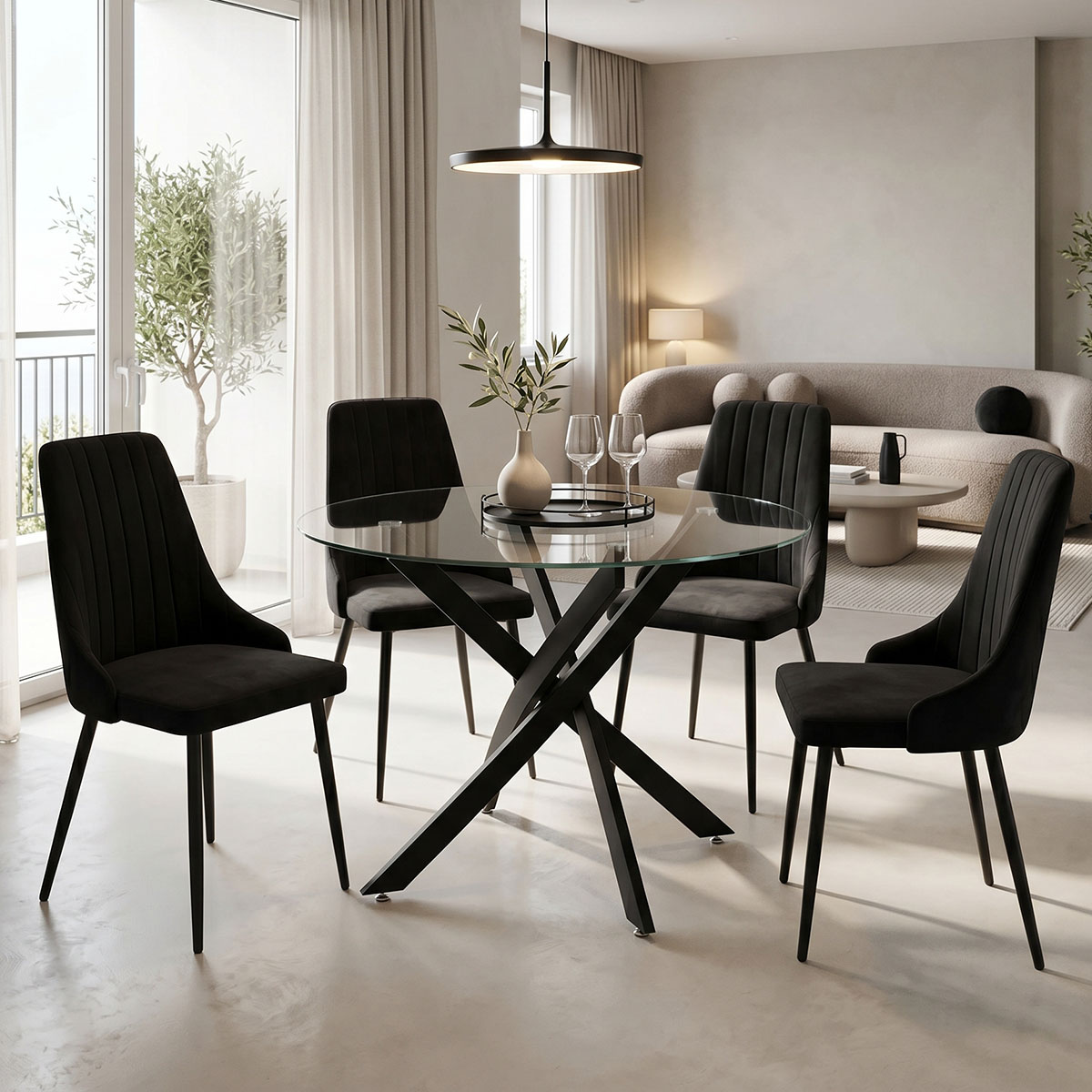 200-001562 Dining Room with Azori Black Chairs and Antoro Glass Table D100x75cm Set of 5pcs - Слика 1