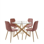 Dining Room with Noor Dusty Rose Chairs and Antoro Glass Table D100x75cm Set of 5pcs - Слика 2