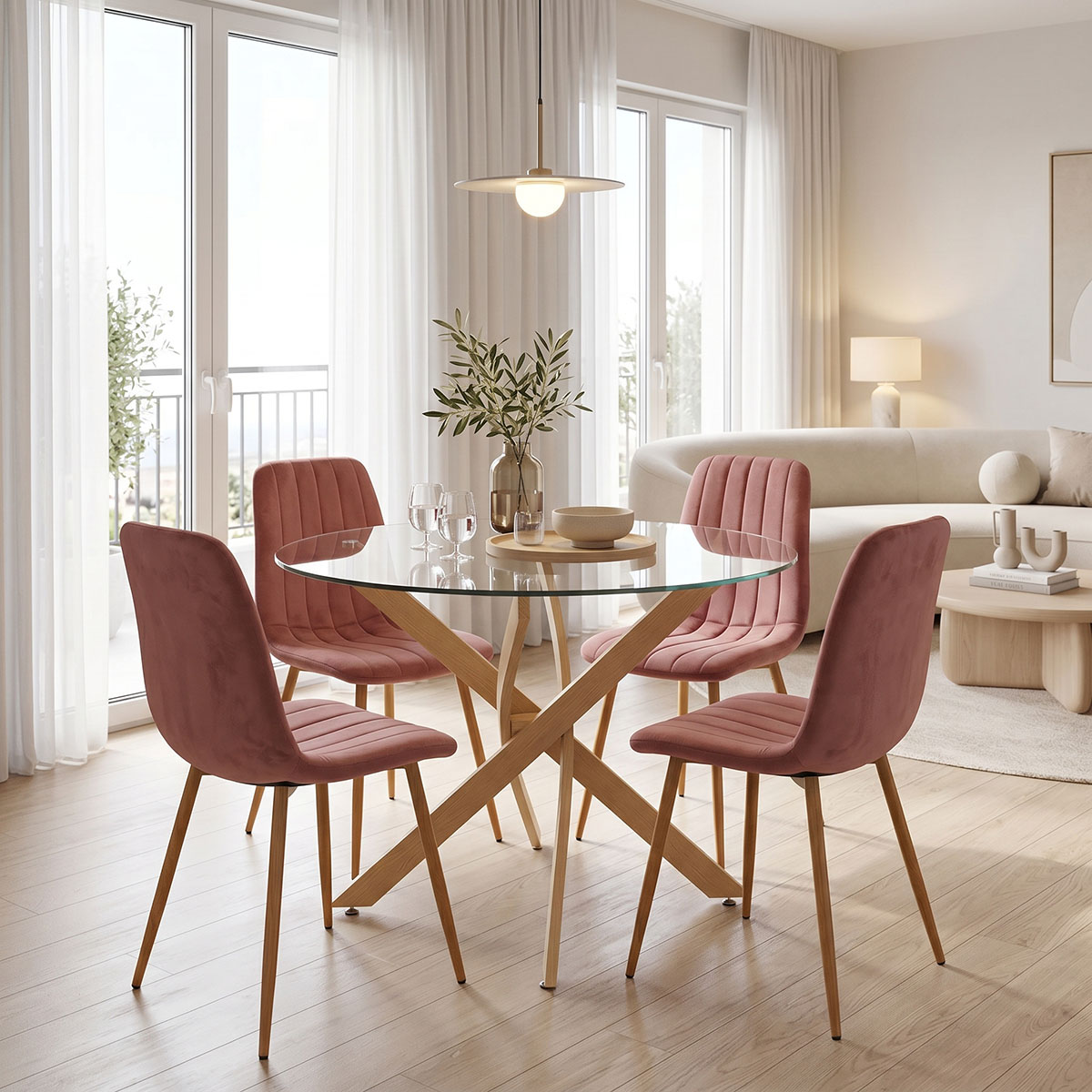 200-001574 Dining Room with Noor Dusty Rose Chairs and Antoro Glass Table D100x75cm Set of 5pcs - Слика 1