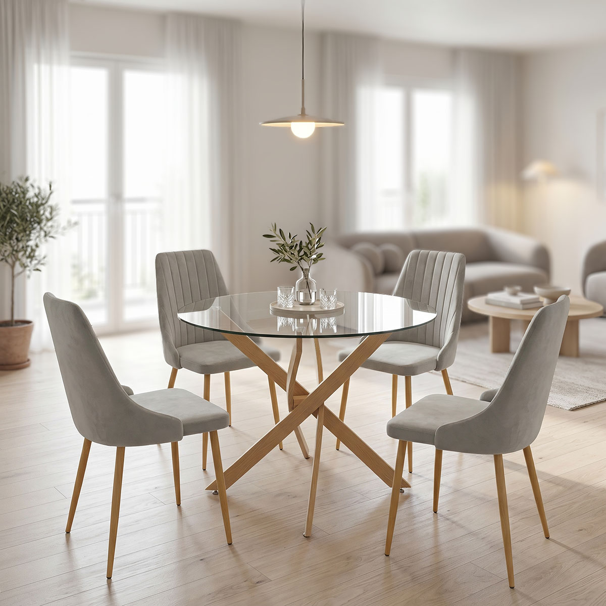 200-001575 Dining Room with Azori Grey Chairs and Antoro Glass Table D100x75cm Set of 5pcs - Image 1