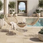 Acapulco Outdoor Lounge Chair set 3 pieces white metal frame with PE rattan in natural color D50x52 cm