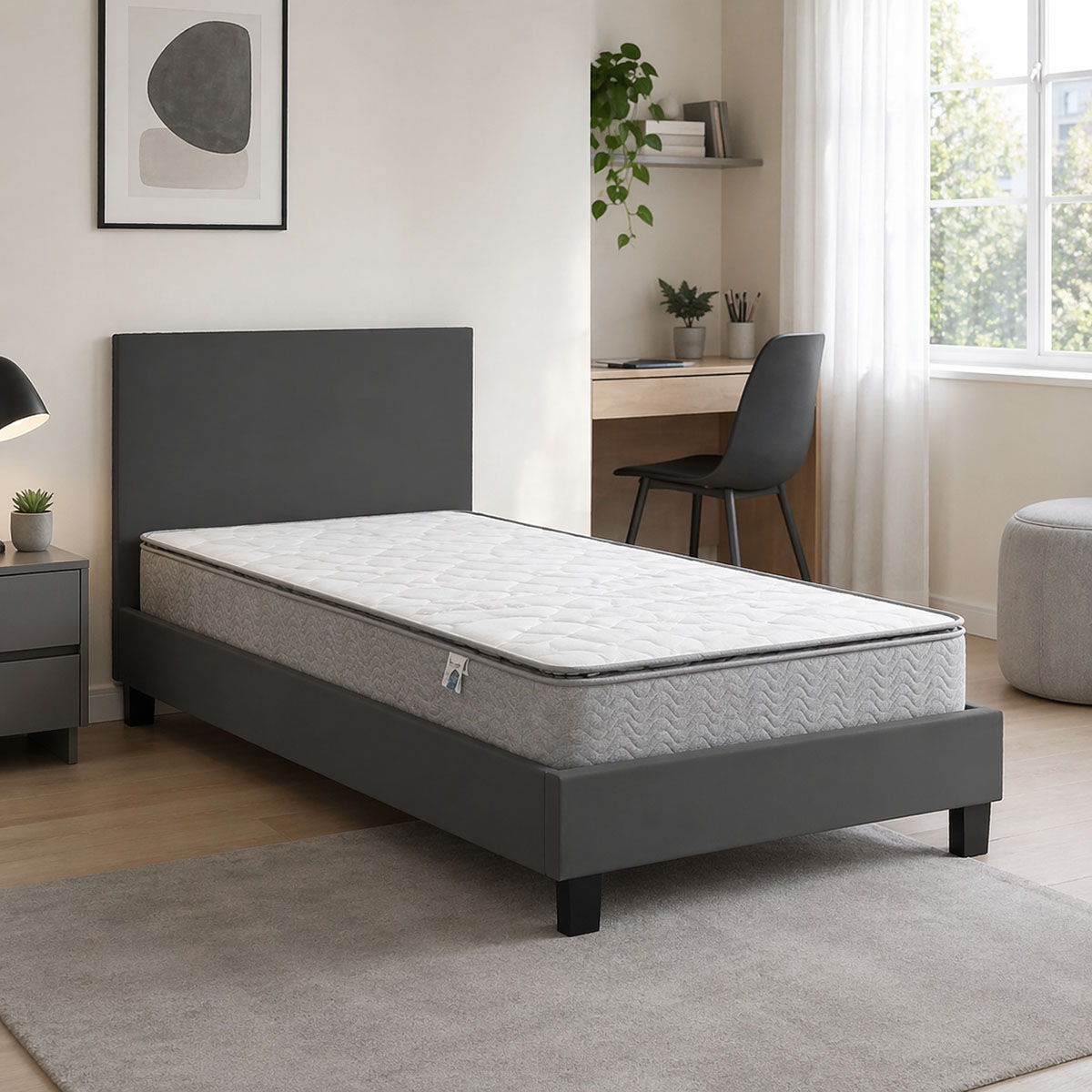 200-001698 Bed with mattress Nevil-Perfecto fabric anthracite-black leg 90x190cm - Image 1